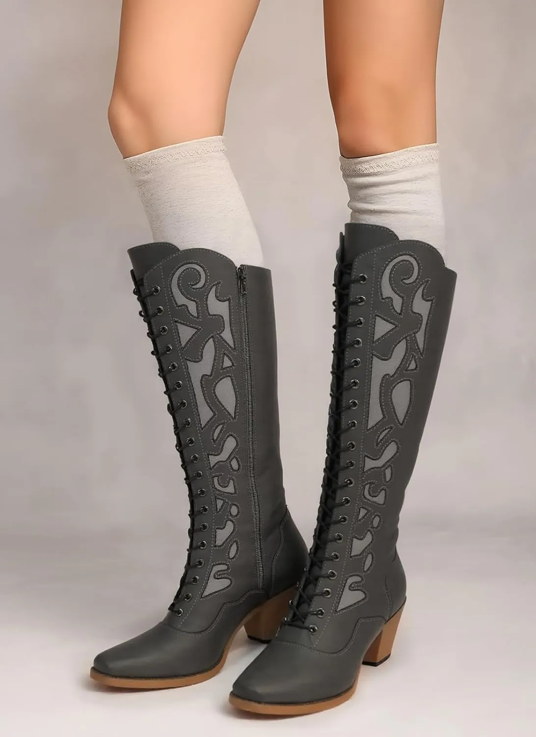SO SIMPOK Lace Up Cowboy Boots for Women, Vintage Knee-High Cowgirl Boot, Low Heel Mid Calf Western Boots, Tall Square Toe Boot for Ladies
