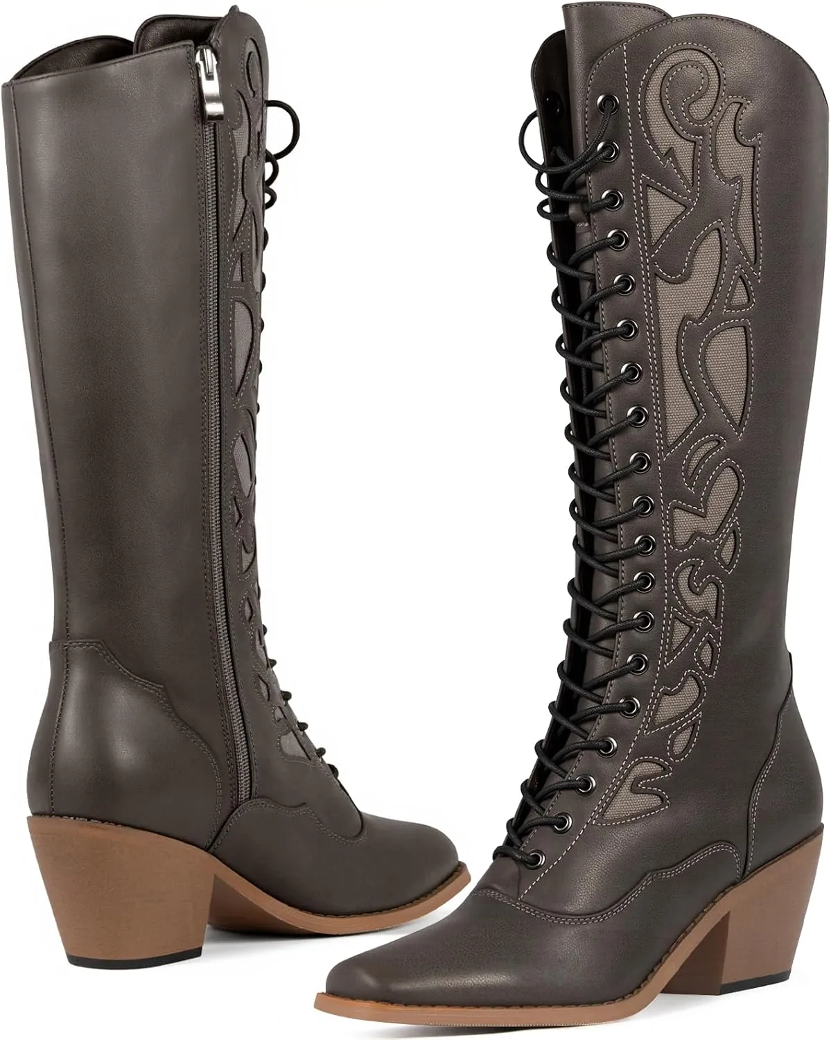 SO SIMPOK Lace Up Cowboy Boots for Women, Vintage Knee-High Cowgirl Boot, Low Heel Mid Calf Western Boots, Tall Square Toe Boot for Ladies