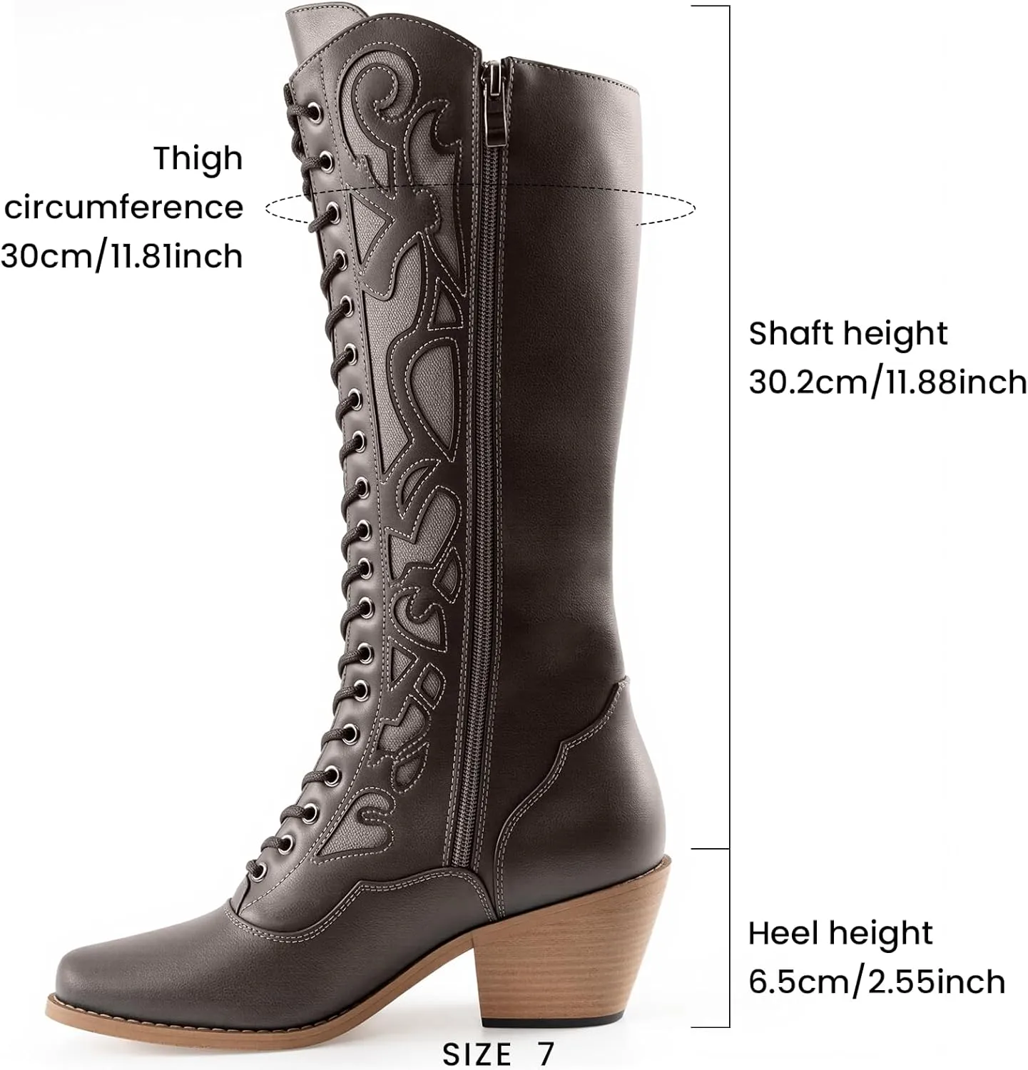 SO SIMPOK Lace Up Cowboy Boots for Women, Vintage Knee-High Cowgirl Boot, Low Heel Mid Calf Western Boots, Tall Square Toe Boot for Ladies