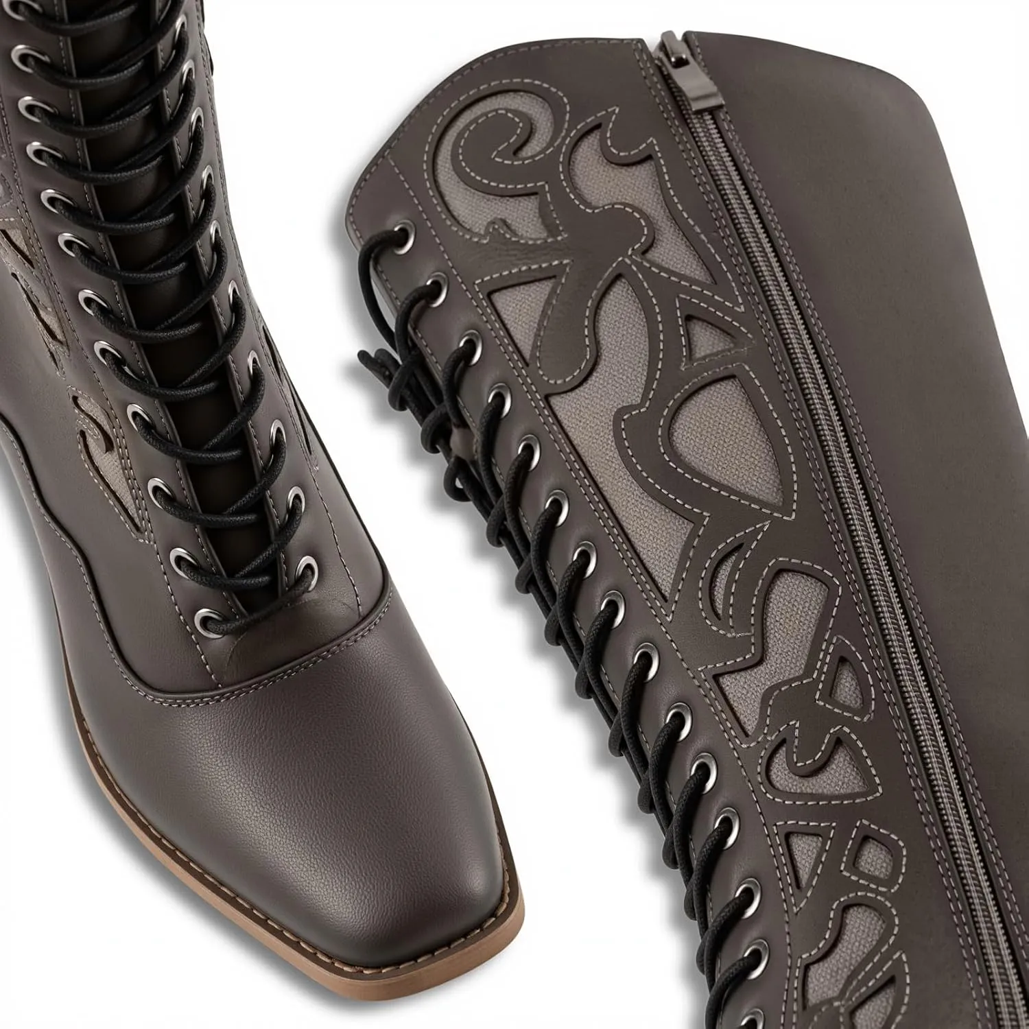 SO SIMPOK Lace Up Cowboy Boots for Women, Vintage Knee-High Cowgirl Boot, Low Heel Mid Calf Western Boots, Tall Square Toe Boot for Ladies