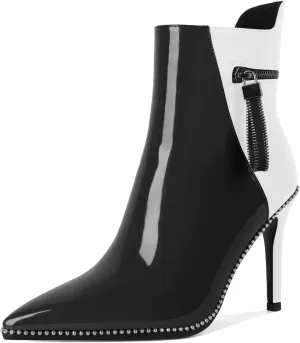 Soireelady Women Ankle Boots High Heel Boots Pointed Toe Stilettos Booties Beaded Short Boots Side Zipper 4 Inch