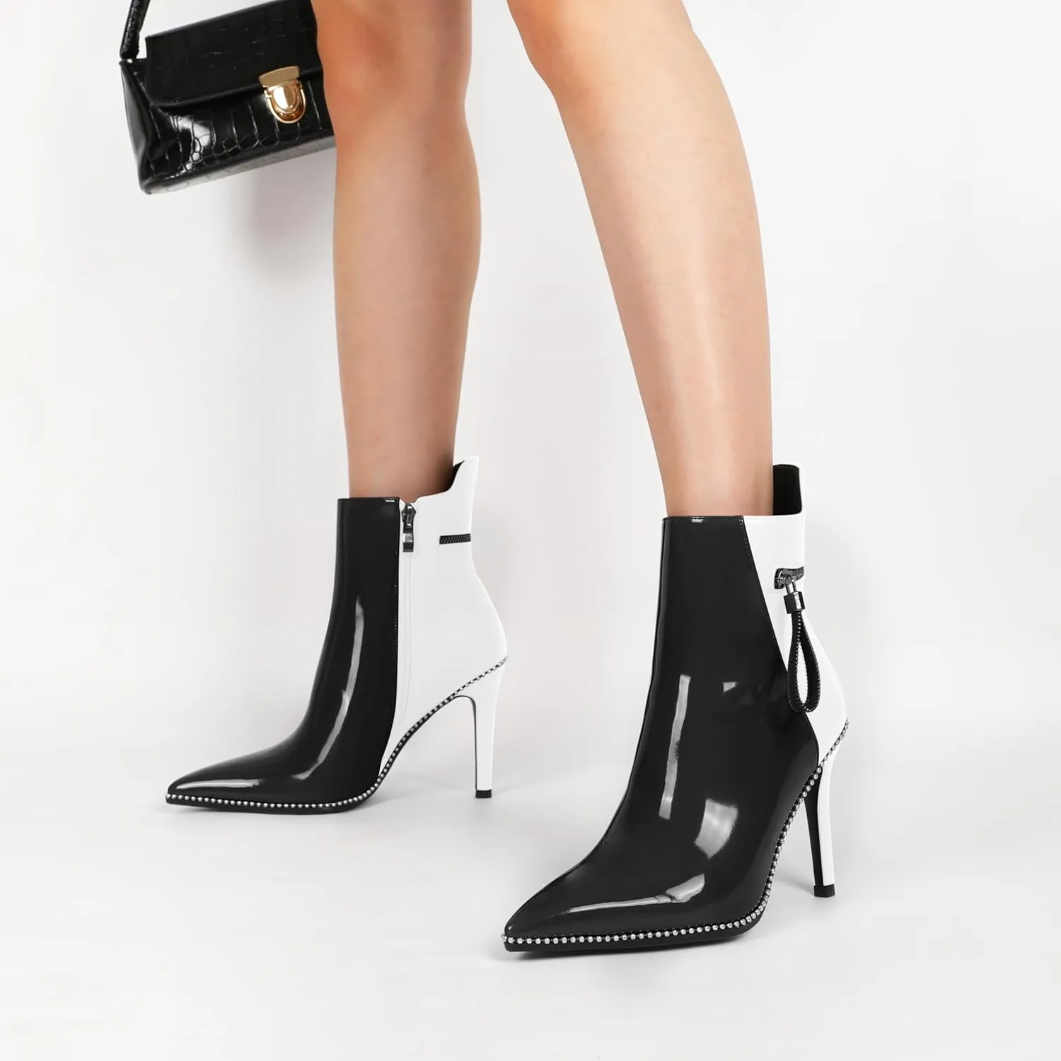 Soireelady Women Ankle Boots High Heel Boots Pointed Toe Stilettos Booties Beaded Short Boots Side Zipper 4 Inch