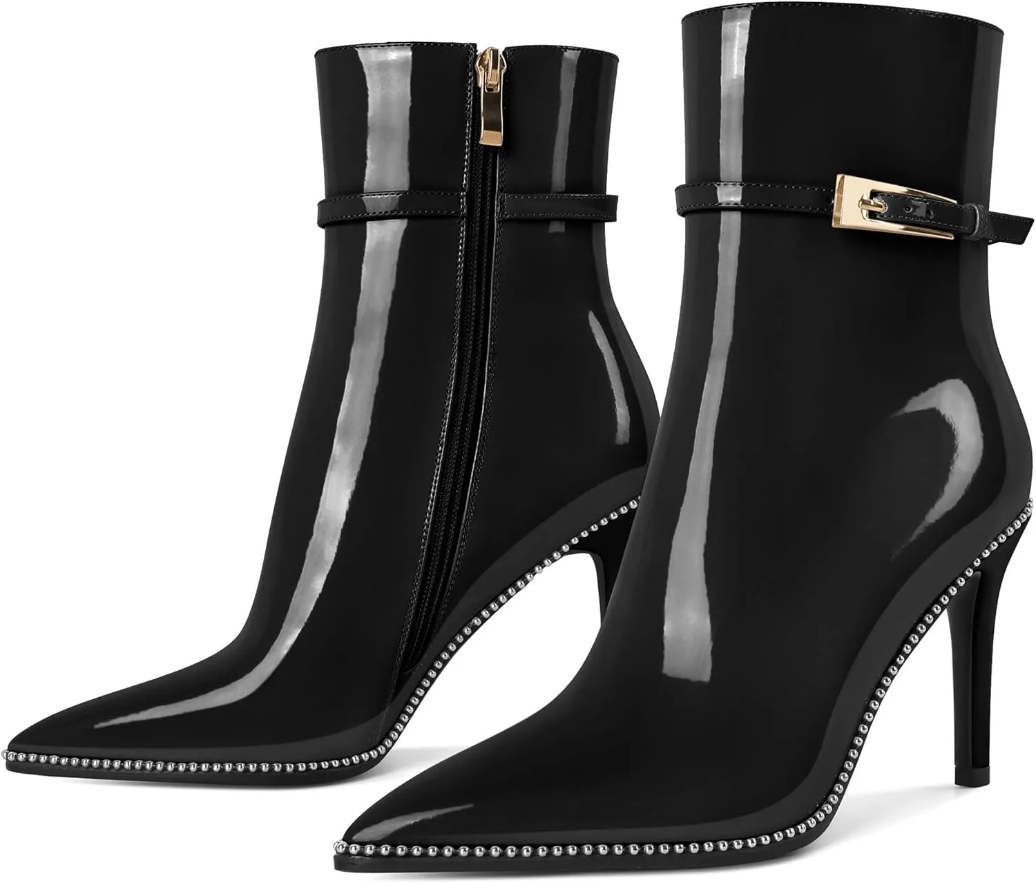 Soireelady Womens Ankle Boots Pointed Toe High Heel Boots Beaded Stilettos Booties Short Boots with Metal Buckle Side Zipper Boot 4 Inch