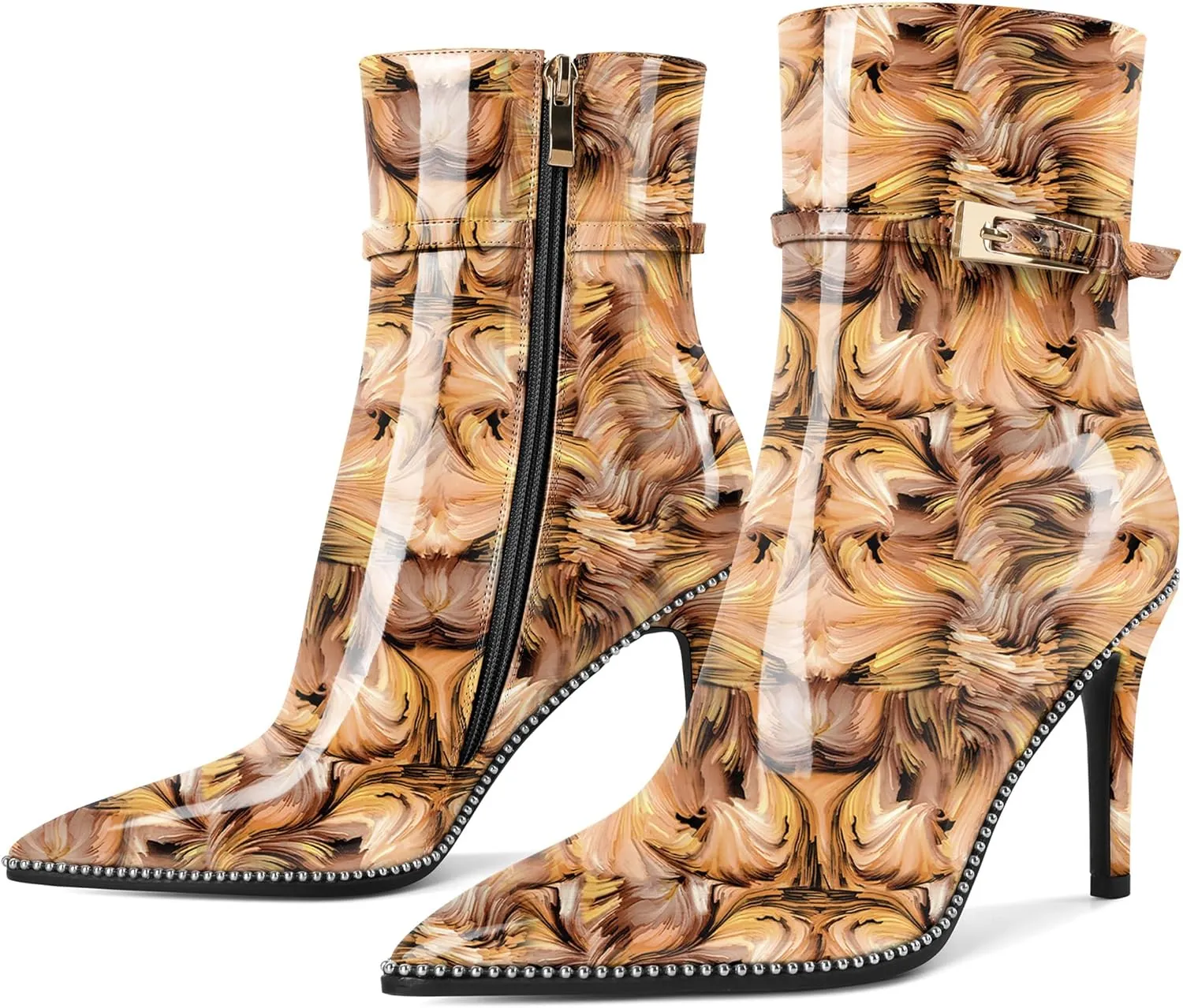 Soireelady Womens Ankle Boots Pointed Toe High Heel Boots Beaded Stilettos Booties Short Boots with Metal Buckle Side Zipper Boot 4 Inch