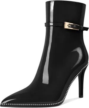 Soireelady Womens Ankle Boots Pointed Toe High Heel Boots Beaded Stilettos Booties Short Boots with Metal Buckle Side Zipper Boot 4 Inch