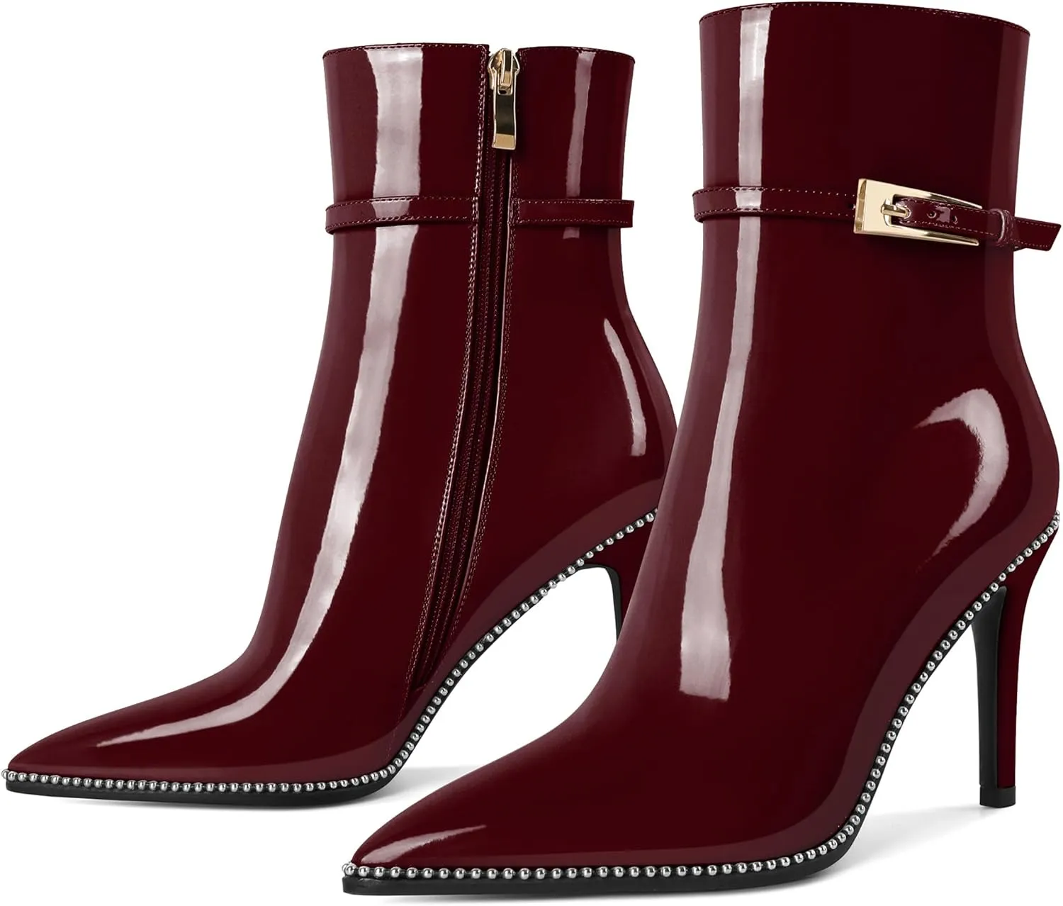 Soireelady Womens Ankle Boots Pointed Toe High Heel Boots Beaded Stilettos Booties Short Boots with Metal Buckle Side Zipper Boot 4 Inch