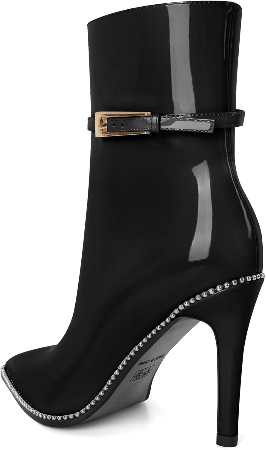 Soireelady Womens Ankle Boots Pointed Toe High Heel Boots Beaded Stilettos Booties Short Boots with Metal Buckle Side Zipper Boot 4 Inch
