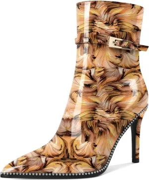 Soireelady Womens Ankle Boots Pointed Toe High Heel Boots Beaded Stilettos Booties Short Boots with Metal Buckle Side Zipper Boot 4 Inch