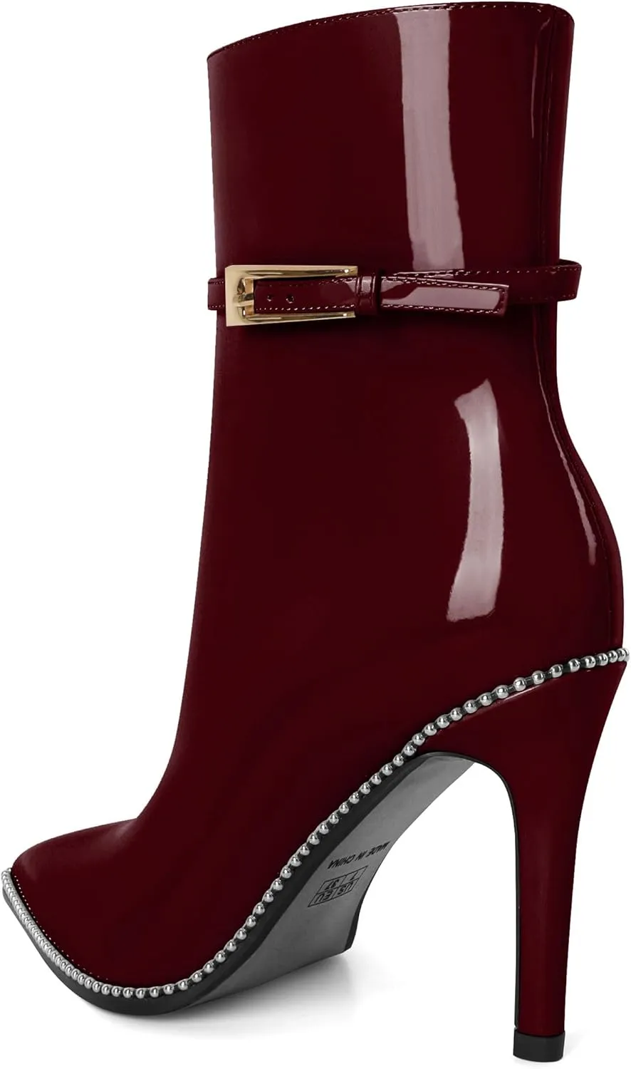 Soireelady Womens Ankle Boots Pointed Toe High Heel Boots Beaded Stilettos Booties Short Boots with Metal Buckle Side Zipper Boot 4 Inch