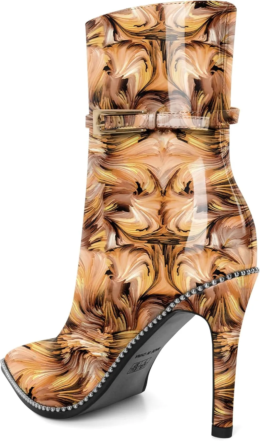 Soireelady Womens Ankle Boots Pointed Toe High Heel Boots Beaded Stilettos Booties Short Boots with Metal Buckle Side Zipper Boot 4 Inch