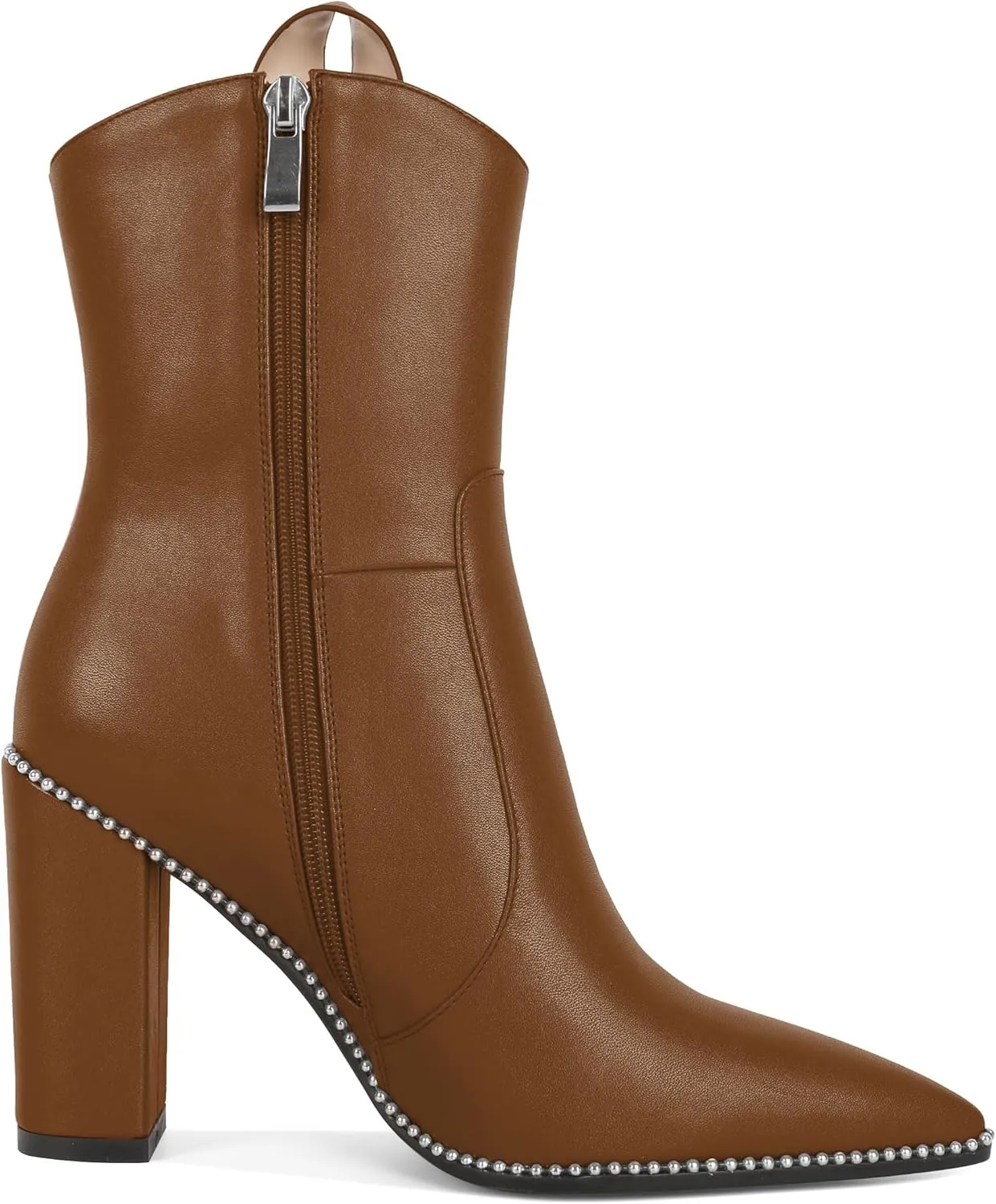 Soireelady Womens Cowboy Ankle Boots Western Booties Pointed Toe Chunky Block Heel Beaded Short Booties Side Zipper Fashion Shoes 4 Inch