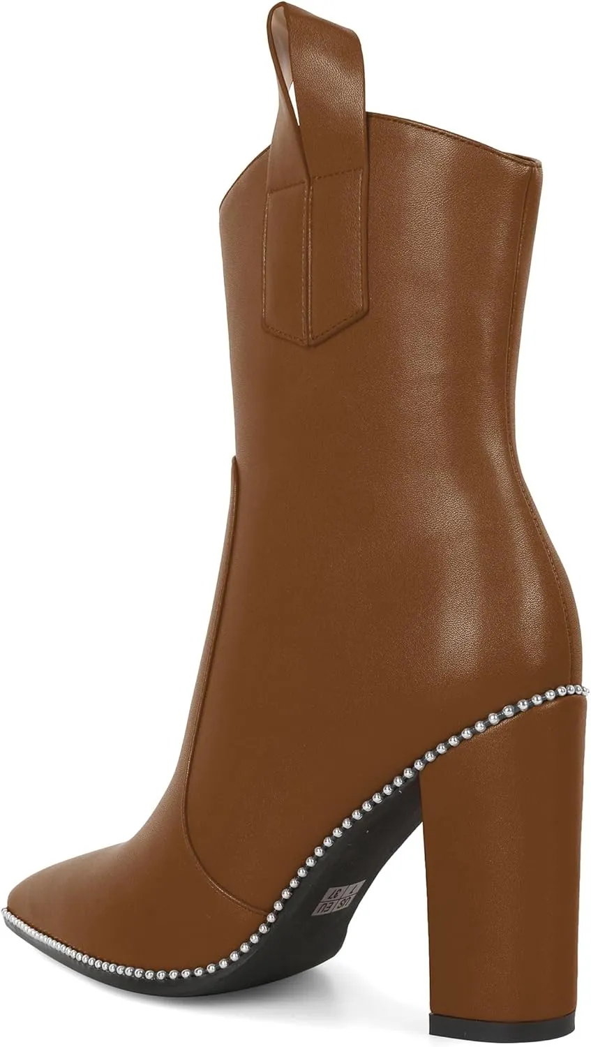Soireelady Womens Cowboy Ankle Boots Western Booties Pointed Toe Chunky Block Heel Beaded Short Booties Side Zipper Fashion Shoes 4 Inch