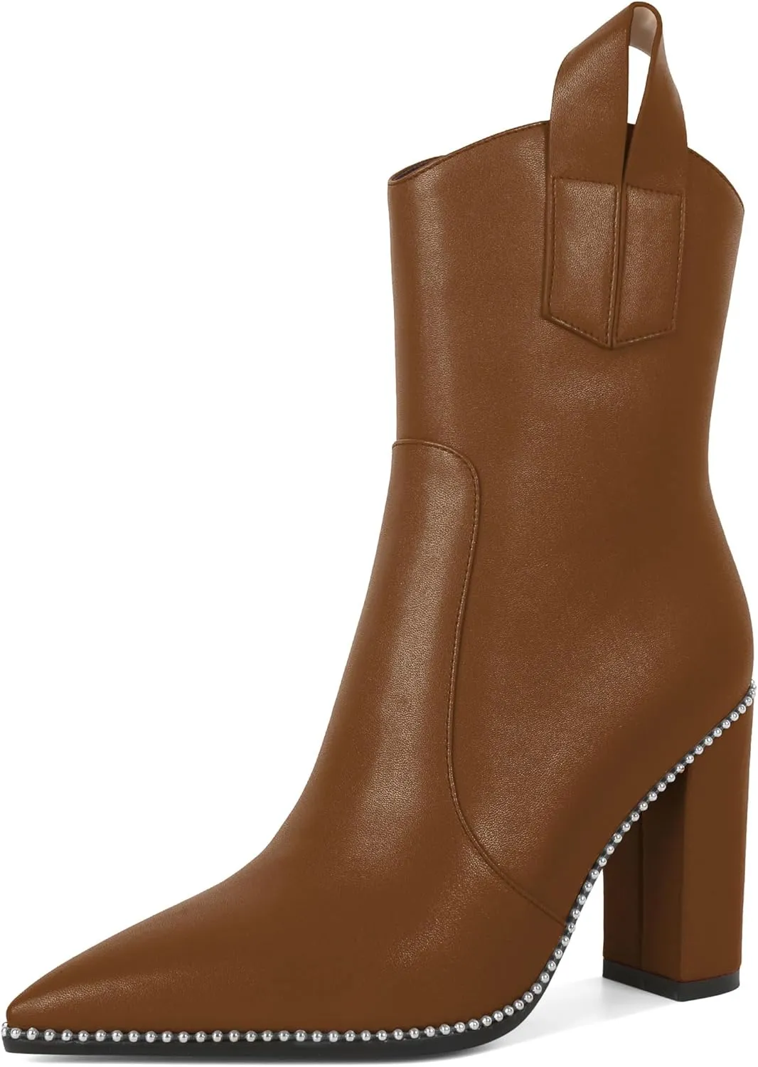 Soireelady Womens Cowboy Ankle Boots Western Booties Pointed Toe Chunky Block Heel Beaded Short Booties Side Zipper Fashion Shoes 4 Inch