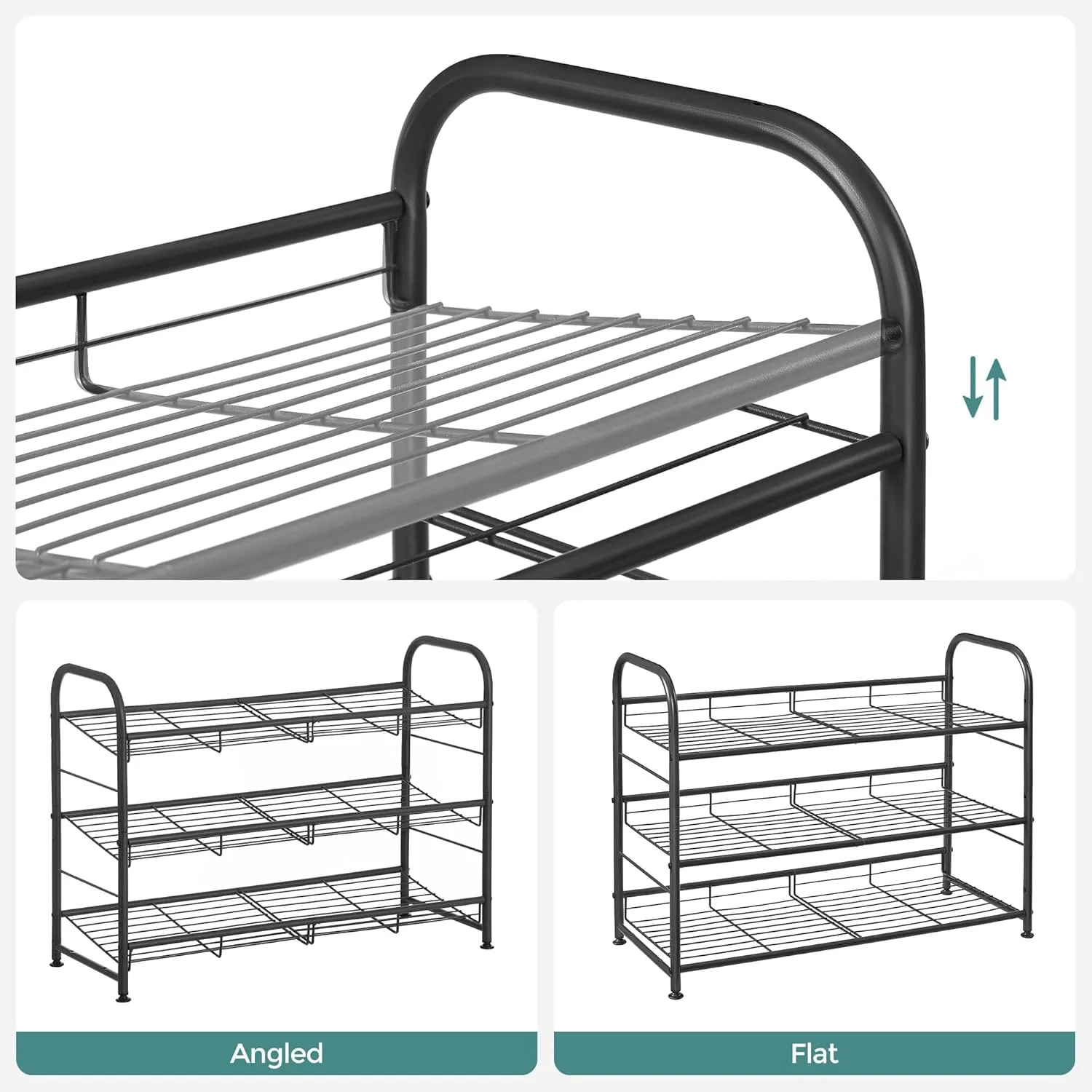 SONGMICS Shoe Rack, 3 Tier Shoe Organizer for Closet, Holds up to 12 Pairs of Shoes, Shoe Rack for Front Door Entrance, Metal Shoe Shelf with Adjustable Tilt Angle, for Entryway, Garage, Black