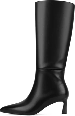 SOVANYOU Kitten Heel Knee High Boots for Women Pointed Toe Tall Boots Wide Calf Boots with Pull-on Style