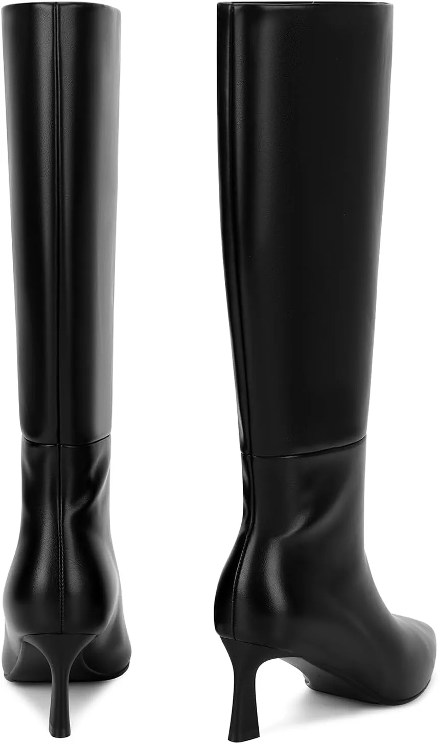 SOVANYOU Kitten Heel Knee High Boots for Women Pointed Toe Tall Boots Wide Calf Boots with Pull-on Style