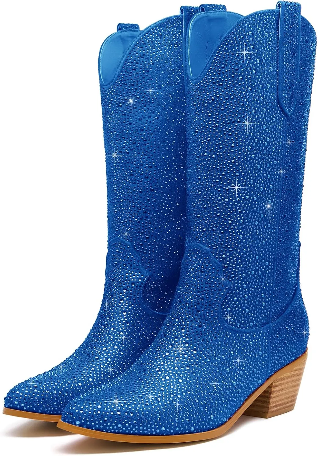 Sparkle Rhinestone Cowboy Boots for Women Mid Calf Western Wide Calf Short Cowgirl Boots Fashion Pointed Toe Glitter Bling Pull on Zipper Chunky Boots Retro Classic Wedding Party