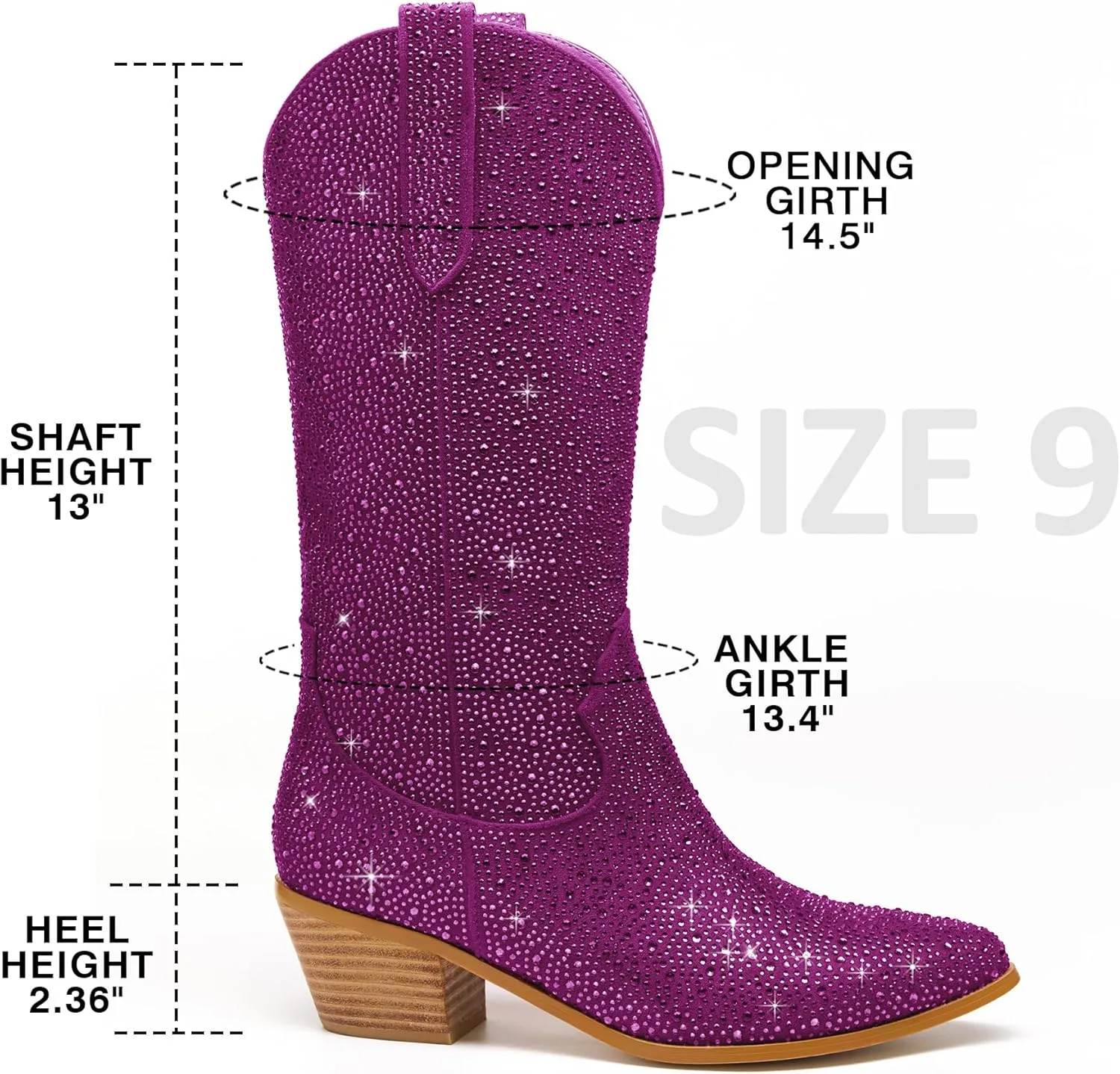 Sparkle Rhinestone Cowboy Boots for Women Mid Calf Western Wide Calf Short Cowgirl Boots Fashion Pointed Toe Glitter Bling Pull on Zipper Chunky Boots Retro Classic Wedding Party