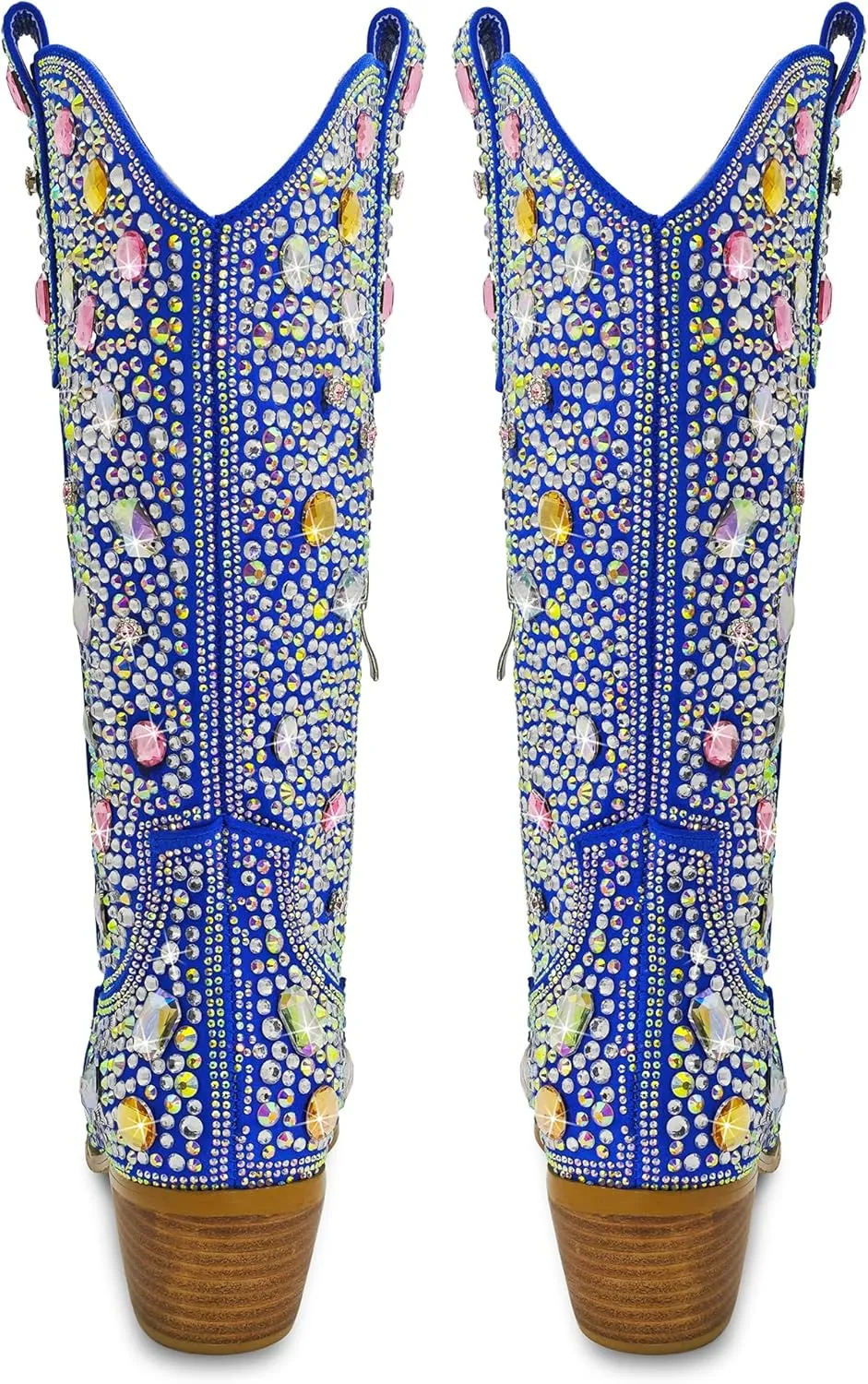 Sparkle Rhinestone Cowboy Boots for Women Mid Calf Western Wide Calf Short Cowgirl Boots Fashion Pointed Toe Glitter Bling Pull on Zipper Chunky Boots Retro Classic Wedding Party
