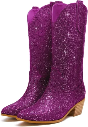Sparkle Rhinestone Cowboy Boots for Women Mid Calf Western Wide Calf Short Cowgirl Boots Fashion Pointed Toe Glitter Bling Pull on Zipper Chunky Boots Retro Classic Wedding Party