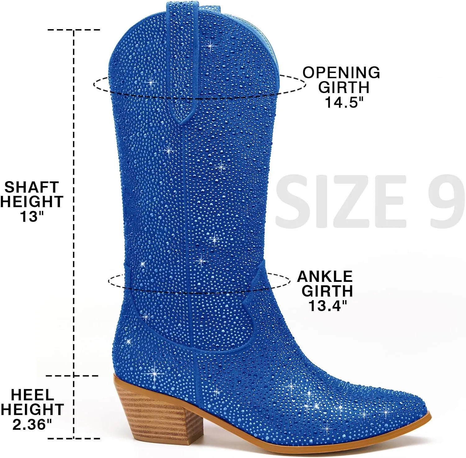 Sparkle Rhinestone Cowboy Boots for Women Mid Calf Western Wide Calf Short Cowgirl Boots Fashion Pointed Toe Glitter Bling Pull on Zipper Chunky Boots Retro Classic Wedding Party