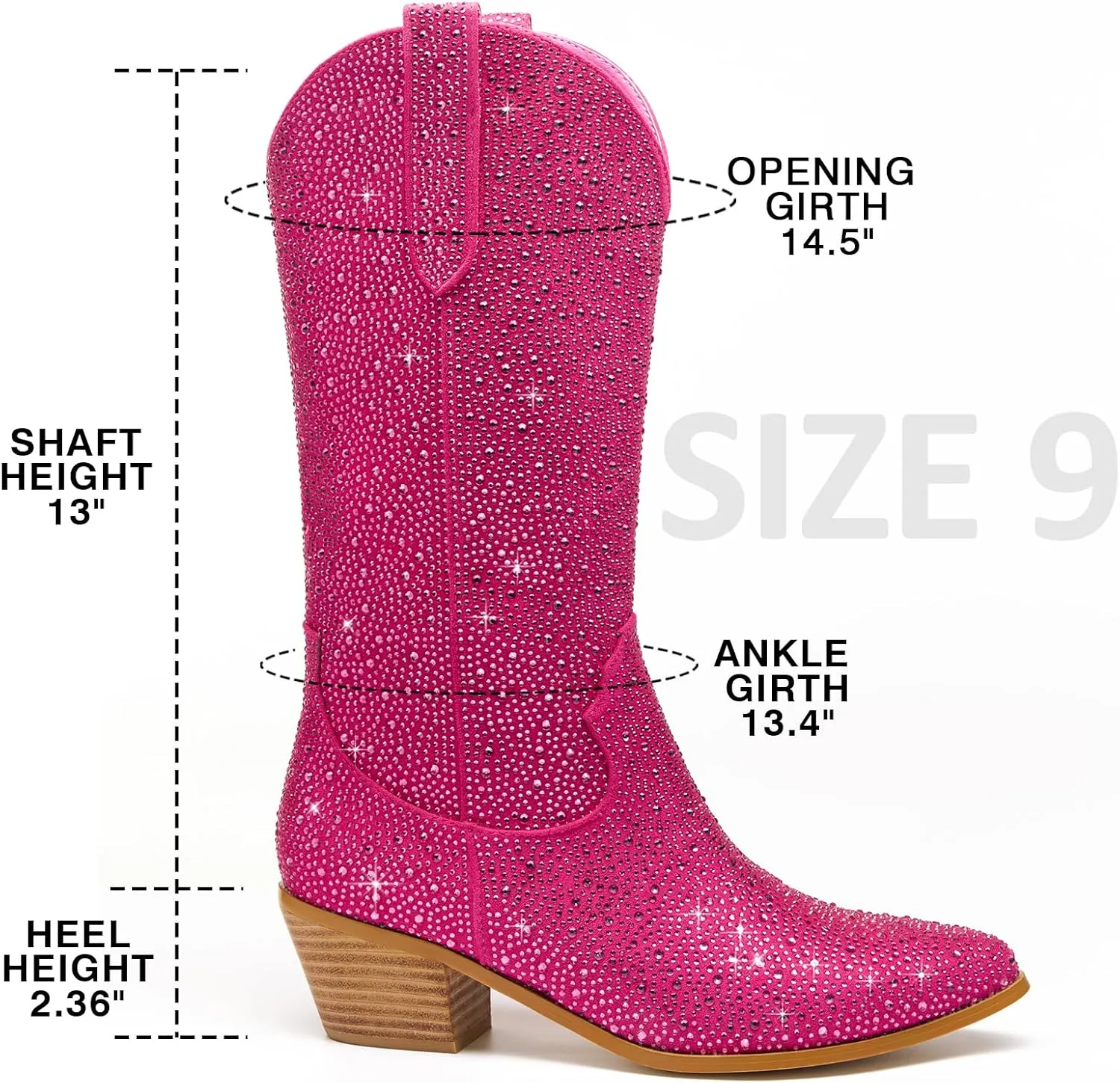 Sparkle Rhinestone Cowboy Boots for Women Mid Calf Western Wide Calf Short Cowgirl Boots Fashion Pointed Toe Glitter Bling Pull on Zipper Chunky Boots Retro Classic Wedding Party