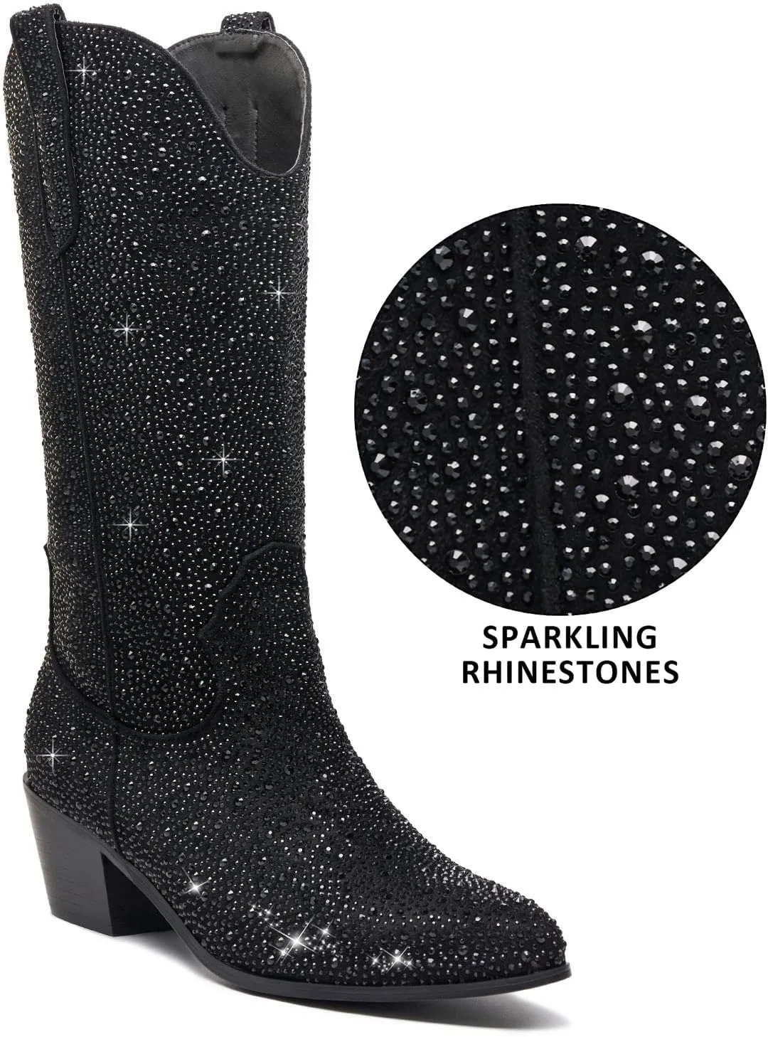 Sparkle Rhinestone Cowboy Boots for Women Mid Calf Western Wide Calf Short Cowgirl Boots Fashion Pointed Toe Glitter Bling Pull on Zipper Chunky Boots Retro Classic Wedding Party