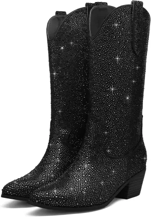 Sparkle Rhinestone Cowboy Boots for Women Mid Calf Western Wide Calf Short Cowgirl Boots Fashion Pointed Toe Glitter Bling Pull on Zipper Chunky Boots Retro Classic Wedding Party