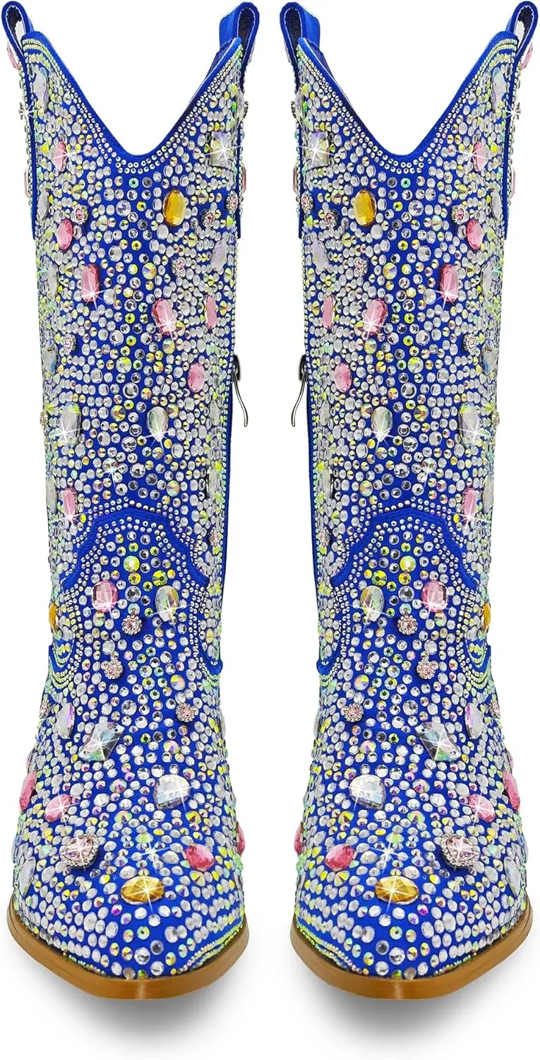 Sparkle Rhinestone Cowboy Boots for Women Mid Calf Western Wide Calf Short Cowgirl Boots Fashion Pointed Toe Glitter Bling Pull on Zipper Chunky Boots Retro Classic Wedding Party