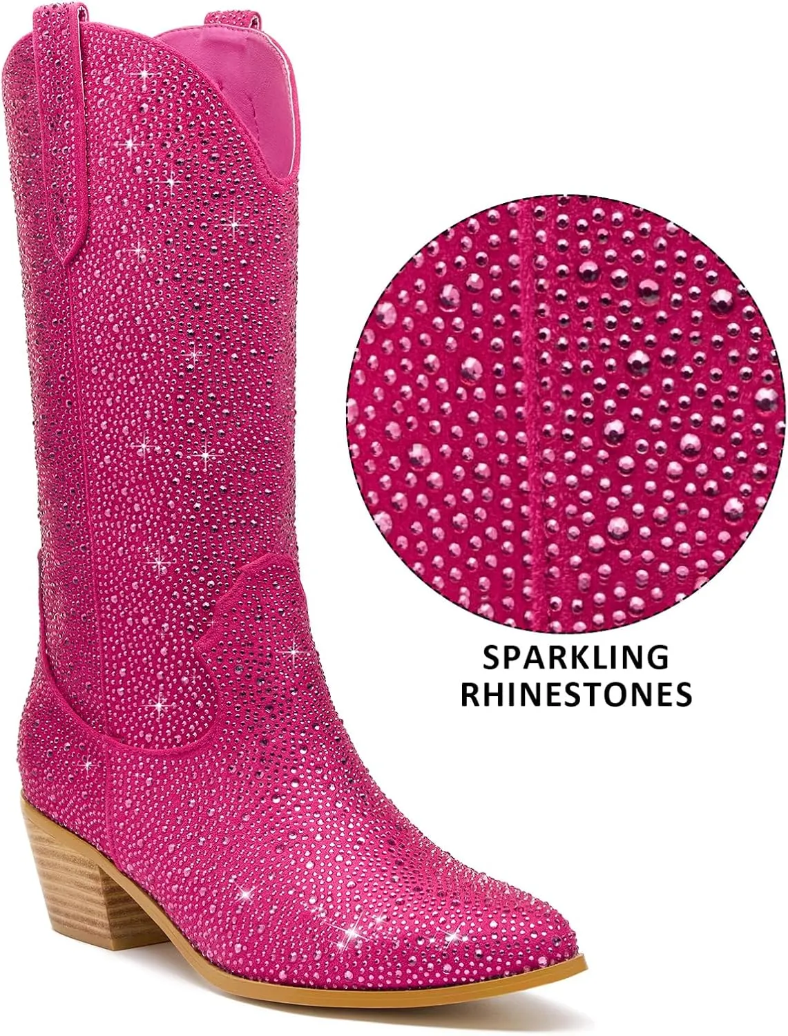Sparkle Rhinestone Cowboy Boots for Women Mid Calf Western Wide Calf Short Cowgirl Boots Fashion Pointed Toe Glitter Bling Pull on Zipper Chunky Boots Retro Classic Wedding Party