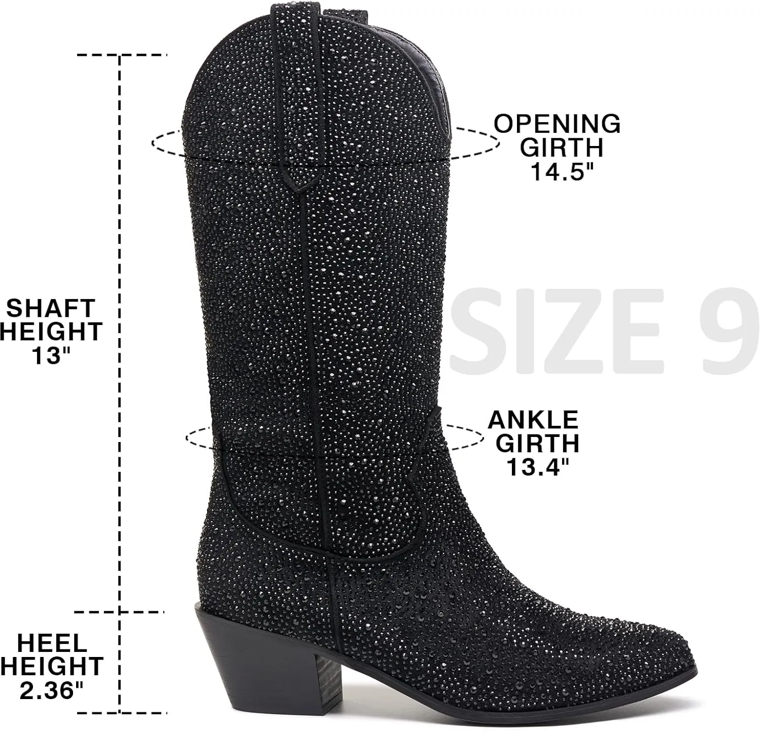 Sparkle Rhinestone Cowboy Boots for Women Mid Calf Western Wide Calf Short Cowgirl Boots Fashion Pointed Toe Glitter Bling Pull on Zipper Chunky Boots Retro Classic Wedding Party