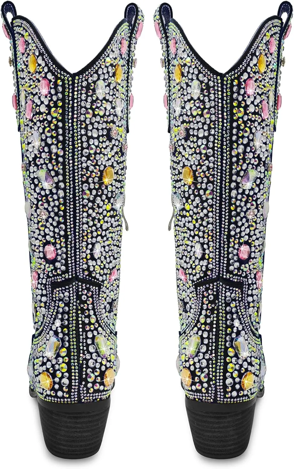 Sparkle Rhinestone Cowboy Boots for Women Mid Calf Western Wide Calf Short Cowgirl Boots Fashion Pointed Toe Glitter Bling Pull on Zipper Chunky Boots Retro Classic Wedding Party