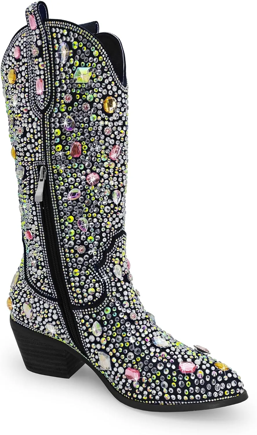 Sparkle Rhinestone Cowboy Boots for Women Mid Calf Western Wide Calf Short Cowgirl Boots Fashion Pointed Toe Glitter Bling Pull on Zipper Chunky Boots Retro Classic Wedding Party