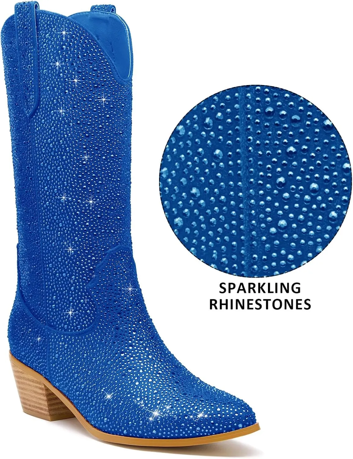 Sparkle Rhinestone Cowboy Boots for Women Mid Calf Western Wide Calf Short Cowgirl Boots Fashion Pointed Toe Glitter Bling Pull on Zipper Chunky Boots Retro Classic Wedding Party