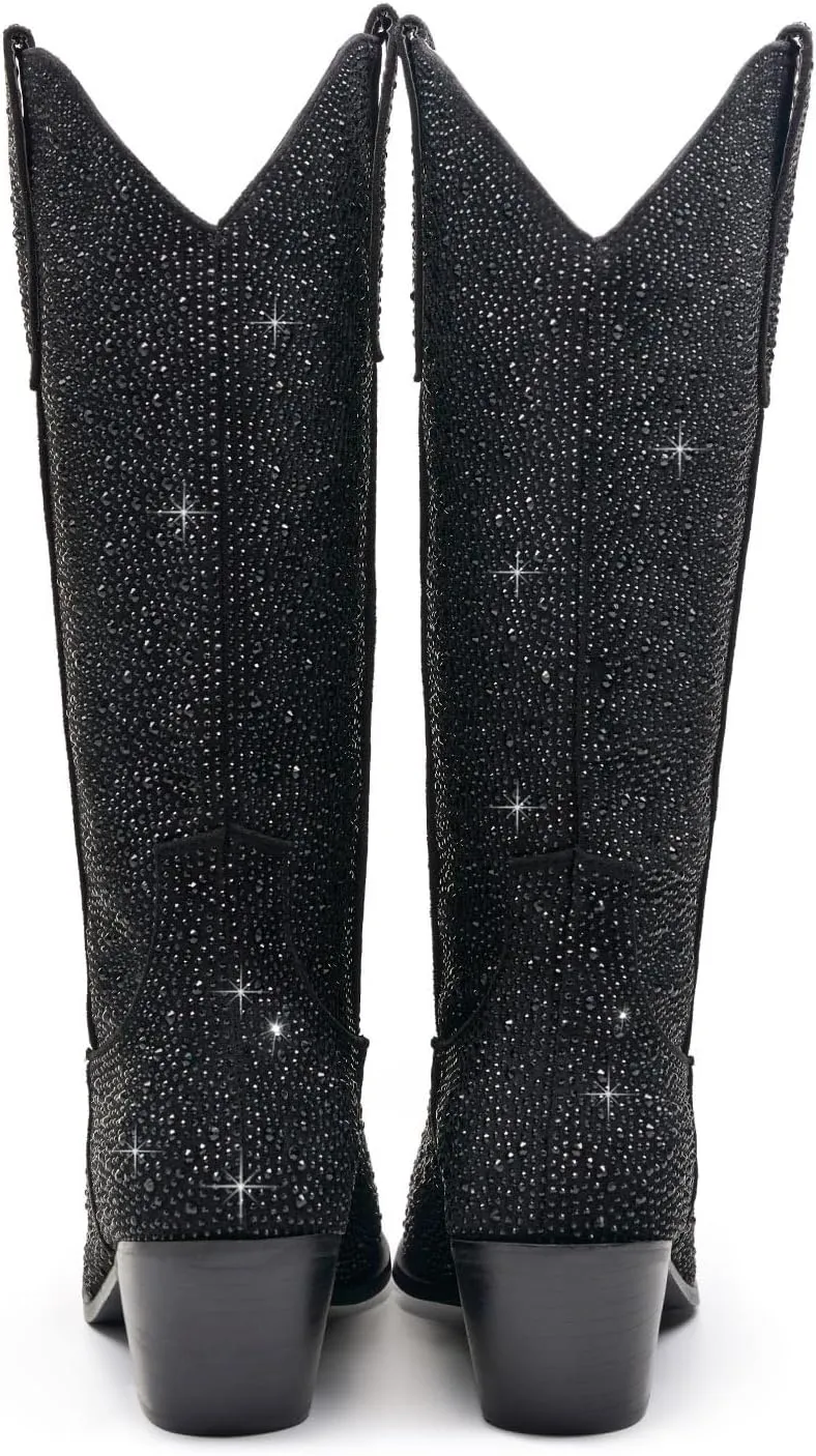 Sparkle Rhinestone Cowboy Boots for Women Mid Calf Western Wide Calf Short Cowgirl Boots Fashion Pointed Toe Glitter Bling Pull on Zipper Chunky Boots Retro Classic Wedding Party