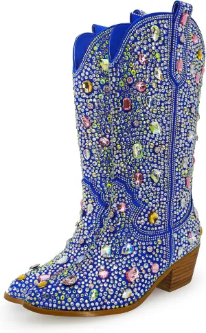 Sparkle Rhinestone Cowboy Boots for Women Mid Calf Western Wide Calf Short Cowgirl Boots Fashion Pointed Toe Glitter Bling Pull on Zipper Chunky Boots Retro Classic Wedding Party