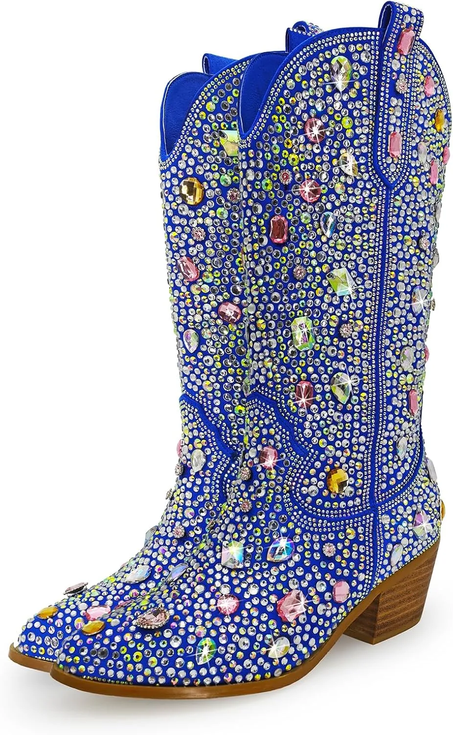 Sparkle Rhinestone Cowboy Boots for Women Mid Calf Western Wide Calf Short Cowgirl Boots Fashion Pointed Toe Glitter Bling Pull on Zipper Chunky Boots Retro Classic Wedding Party
