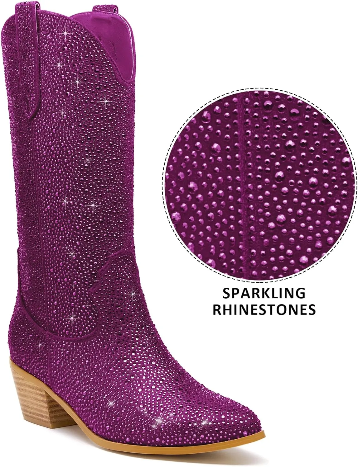 Sparkle Rhinestone Cowboy Boots for Women Mid Calf Western Wide Calf Short Cowgirl Boots Fashion Pointed Toe Glitter Bling Pull on Zipper Chunky Boots Retro Classic Wedding Party
