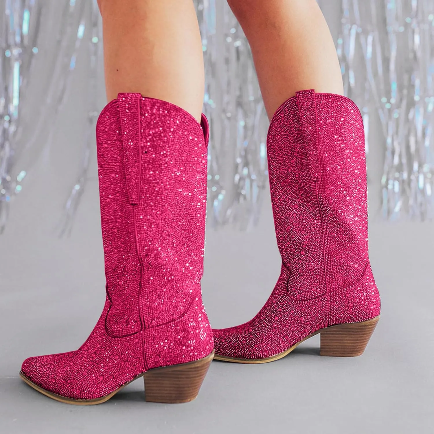 Sparkle Rhinestone Cowboy Boots for Women Mid Calf Western Wide Calf Short Cowgirl Boots Fashion Pointed Toe Glitter Bling Pull on Zipper Chunky Boots Retro Classic Wedding Party