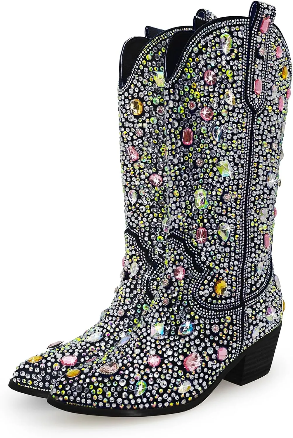 Sparkle Rhinestone Cowboy Boots for Women Mid Calf Western Wide Calf Short Cowgirl Boots Fashion Pointed Toe Glitter Bling Pull on Zipper Chunky Boots Retro Classic Wedding Party