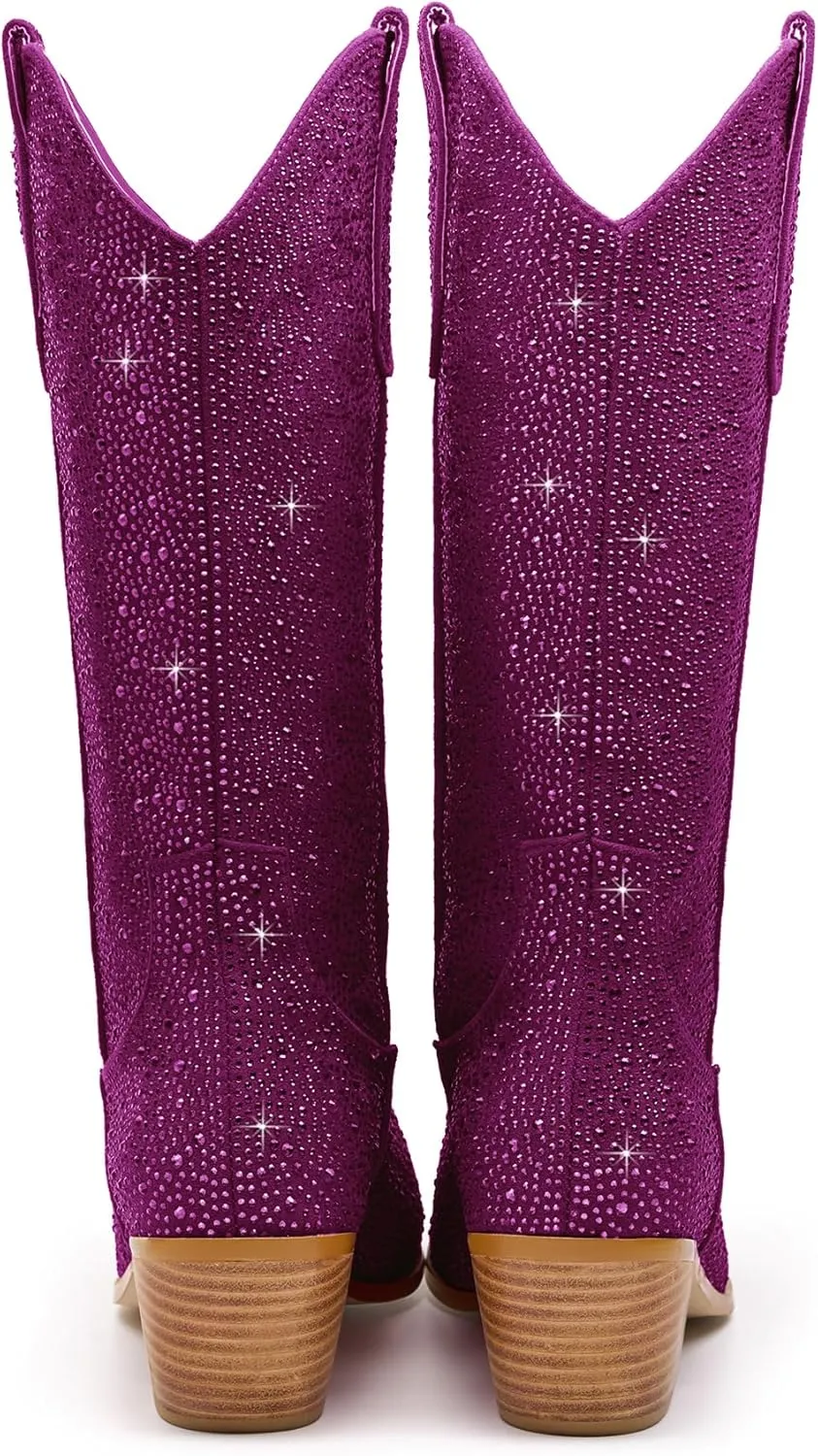 Sparkle Rhinestone Cowboy Boots for Women Mid Calf Western Wide Calf Short Cowgirl Boots Fashion Pointed Toe Glitter Bling Pull on Zipper Chunky Boots Retro Classic Wedding Party