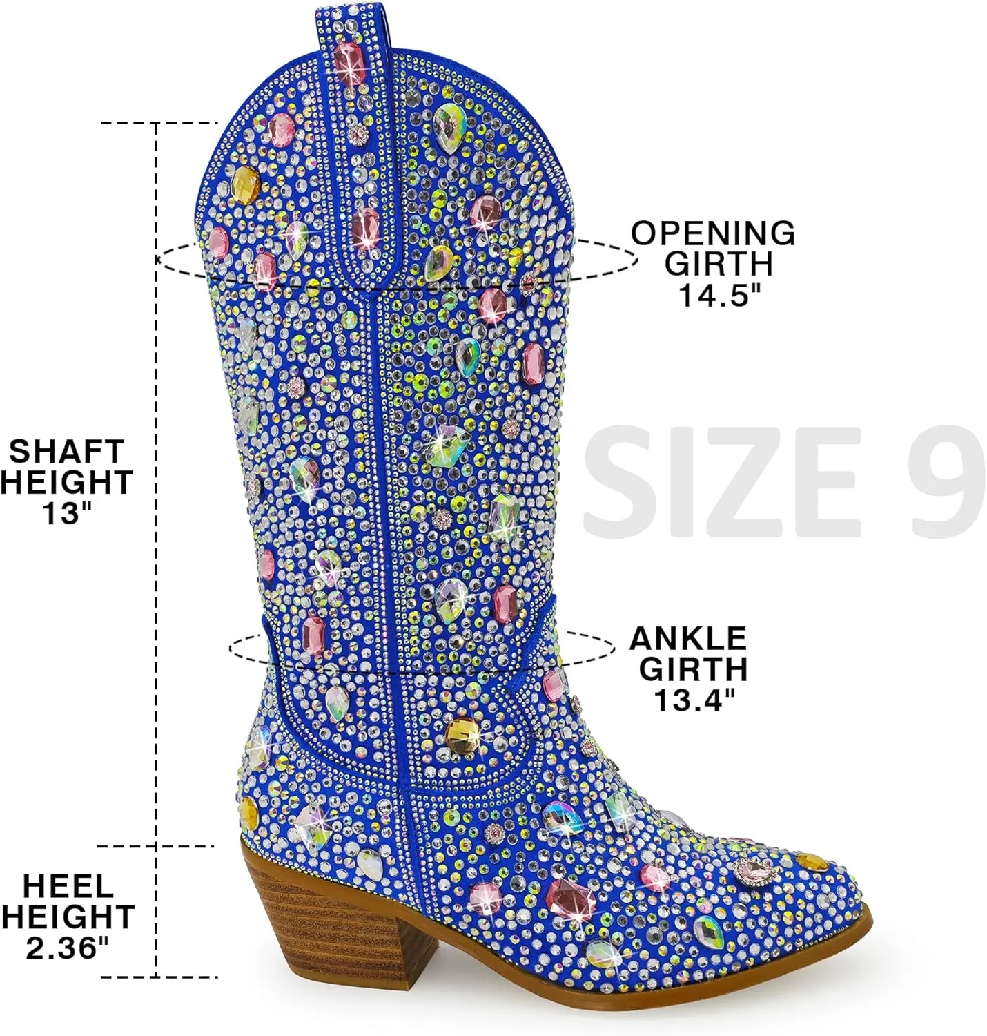 Sparkle Rhinestone Cowboy Boots for Women Mid Calf Western Wide Calf Short Cowgirl Boots Fashion Pointed Toe Glitter Bling Pull on Zipper Chunky Boots Retro Classic Wedding Party