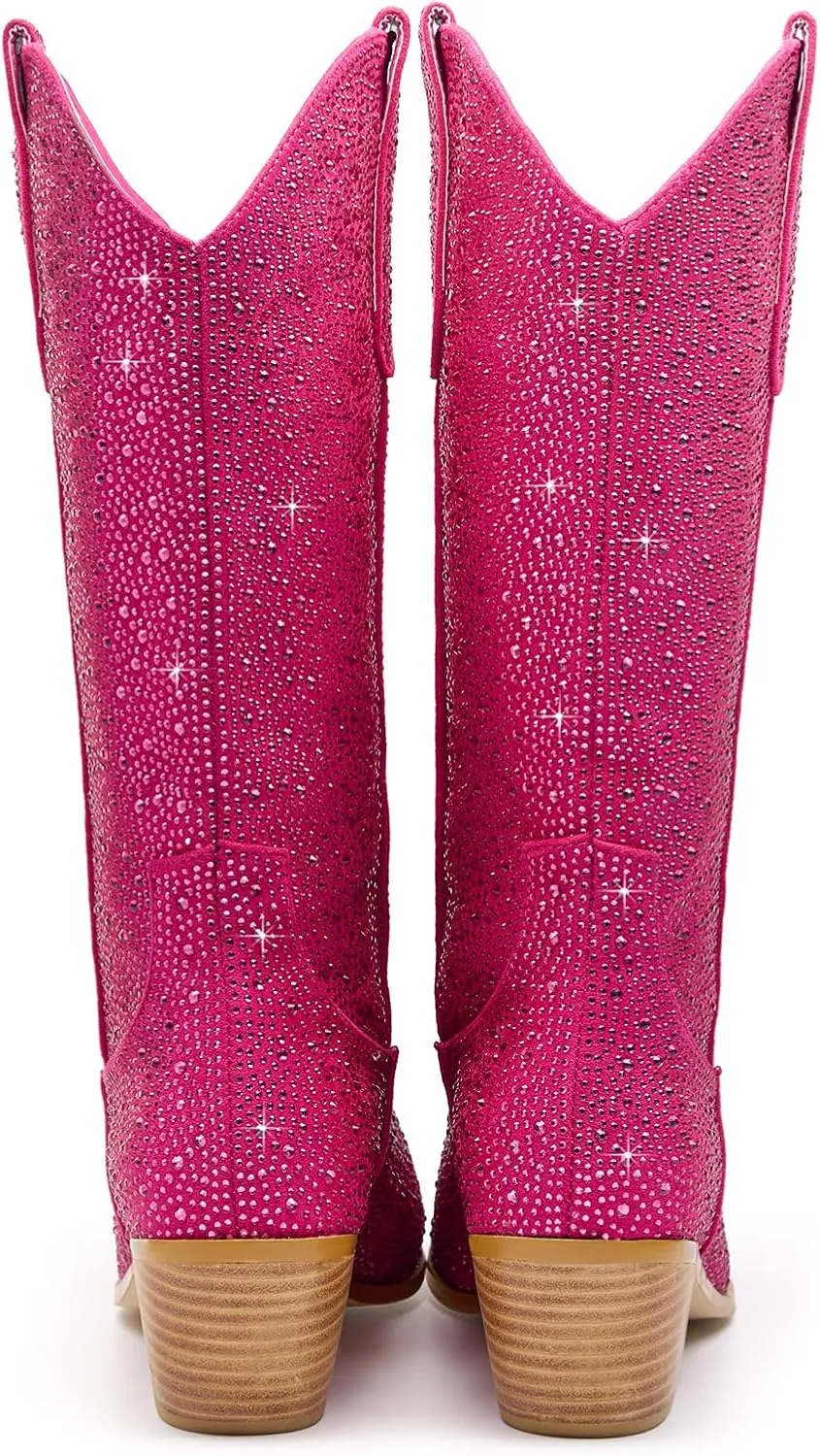 Sparkle Rhinestone Cowboy Boots for Women Mid Calf Western Wide Calf Short Cowgirl Boots Fashion Pointed Toe Glitter Bling Pull on Zipper Chunky Boots Retro Classic Wedding Party