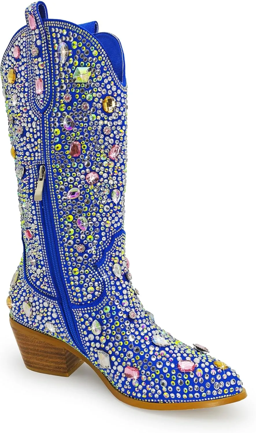 Sparkle Rhinestone Cowboy Boots for Women Mid Calf Western Wide Calf Short Cowgirl Boots Fashion Pointed Toe Glitter Bling Pull on Zipper Chunky Boots Retro Classic Wedding Party