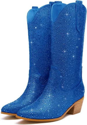 Sparkle Rhinestone Cowboy Boots for Women Mid Calf Western Wide Calf Short Cowgirl Boots Fashion Pointed Toe Glitter Bling Pull on Zipper Chunky Boots Retro Classic Wedding Party