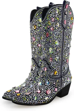 Sparkle Rhinestone Cowboy Boots for Women Mid Calf Western Wide Calf Short Cowgirl Boots Fashion Pointed Toe Glitter Bling Pull on Zipper Chunky Boots Retro Classic Wedding Party