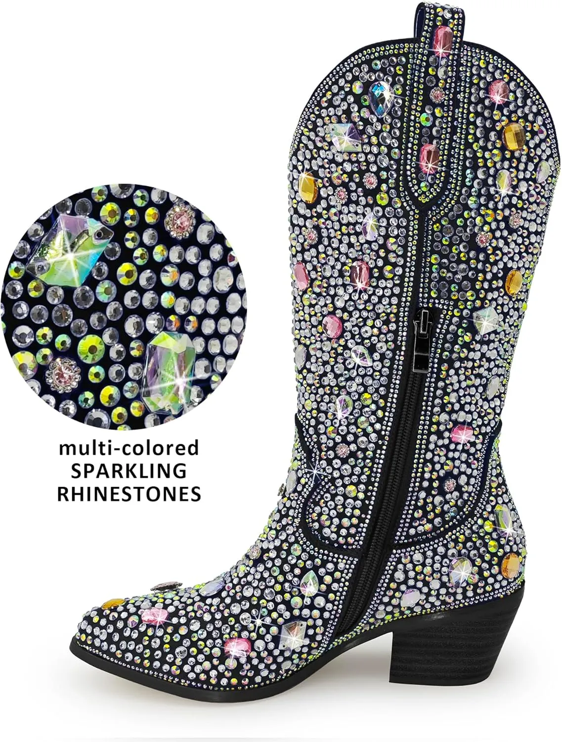Sparkle Rhinestone Cowboy Boots for Women Mid Calf Western Wide Calf Short Cowgirl Boots Fashion Pointed Toe Glitter Bling Pull on Zipper Chunky Boots Retro Classic Wedding Party