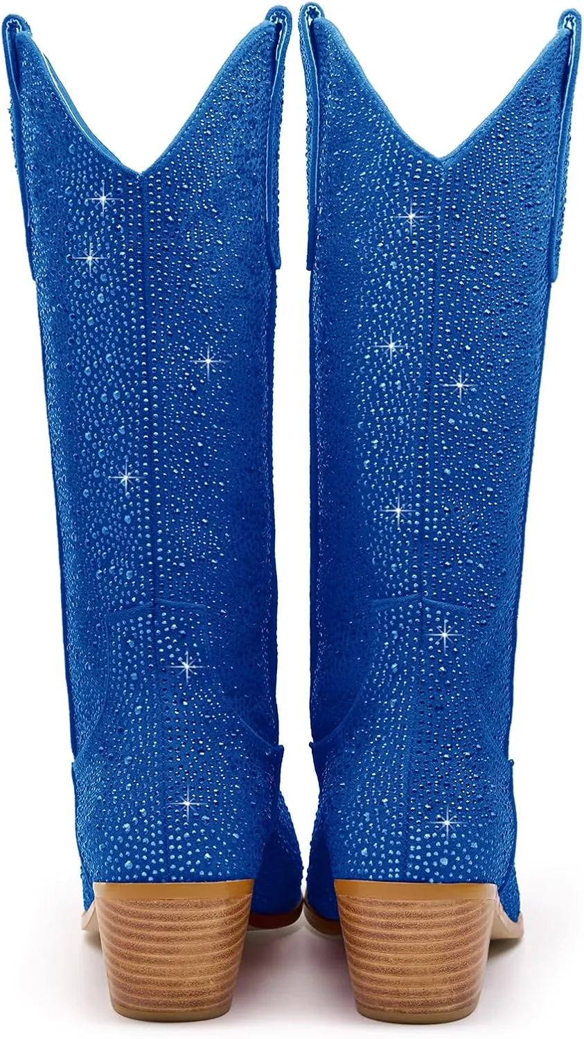 Sparkle Rhinestone Cowboy Boots for Women Mid Calf Western Wide Calf Short Cowgirl Boots Fashion Pointed Toe Glitter Bling Pull on Zipper Chunky Boots Retro Classic Wedding Party