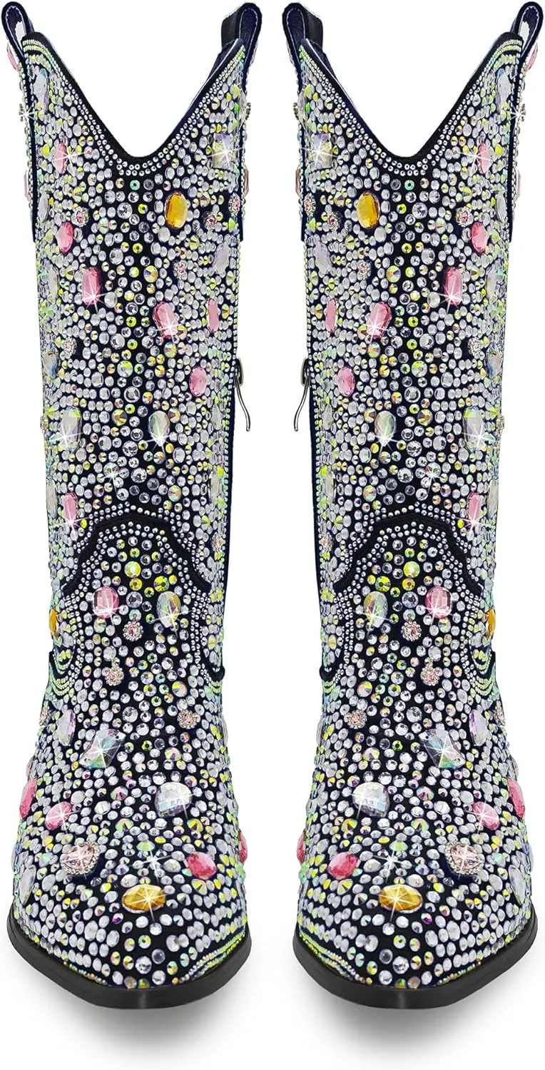Sparkle Rhinestone Cowboy Boots for Women Mid Calf Western Wide Calf Short Cowgirl Boots Fashion Pointed Toe Glitter Bling Pull on Zipper Chunky Boots Retro Classic Wedding Party