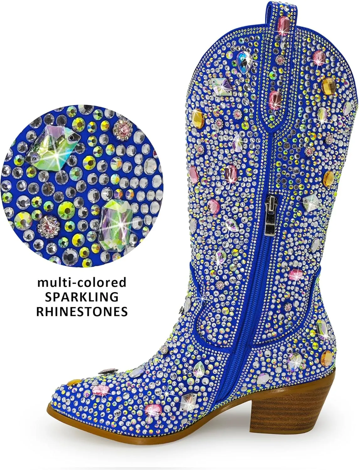 Sparkle Rhinestone Cowboy Boots for Women Mid Calf Western Wide Calf Short Cowgirl Boots Fashion Pointed Toe Glitter Bling Pull on Zipper Chunky Boots Retro Classic Wedding Party